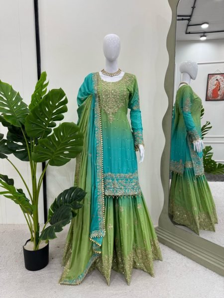 Luxurious Heavy Chinon Suit Set with Pearl and Sequins Embroidery Work, Sharara, and Fancy Lace Dupatta For Women  Ready To Wear Collection