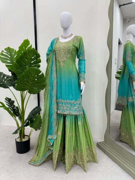 Luxurious Heavy Chinon Suit Set with Pearl and Sequins Embroidery Work, Sharara, and Fancy Lace Dupatta For Women  Ready To Wear Collection