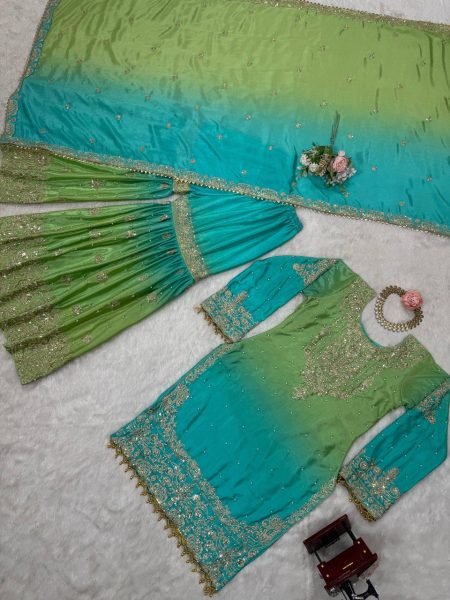 Luxurious Heavy Chinon Suit Set with Pearl and Sequins Embroidery Work, Sharara, and Fancy Lace Dupatta For Women  Ready To Wear Collection