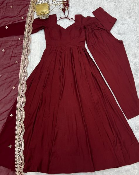 Luxurious Maroon Pure Romansilk Chanderi Anarkali Gown Set with Dupatta 3 Piece Kurti Set