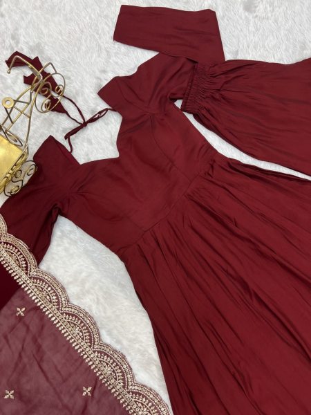 Luxurious Maroon Pure Romansilk Chanderi Anarkali Gown Set with Dupatta 3 Piece Kurti Set