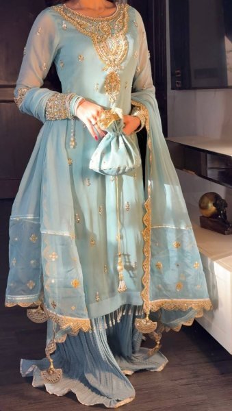 Luxurious Party Wear Sharara Suit Set Full Sleeves Embroidered Dupatta Ready to Wear Collection Ready To Wear Collection