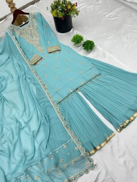 Luxurious Party Wear Sharara Suit Set Full Sleeves Embroidered Dupatta Ready to Wear Collection Ready To Wear Collection