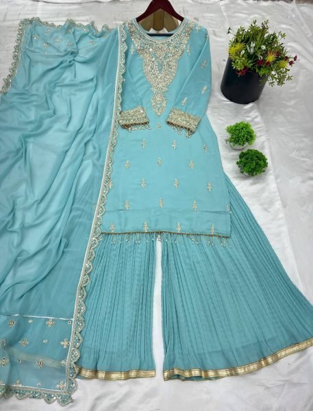 Luxurious Party Wear Sharara Suit Set Full Sleeves Embroidered Dupatta Ready to Wear Collection Ready To Wear Collection