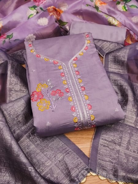 Luxurious Purple color Roman Silk Dress Materials Collection With Digital Print Dupatta Color Set Matching Dress Material Wholesale