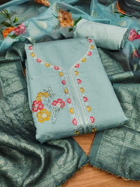 Luxurious Blue Color Roman Silk Dress Materials Collection With Digital Print Dupatta Color Set Matching Dress Material Wholesale