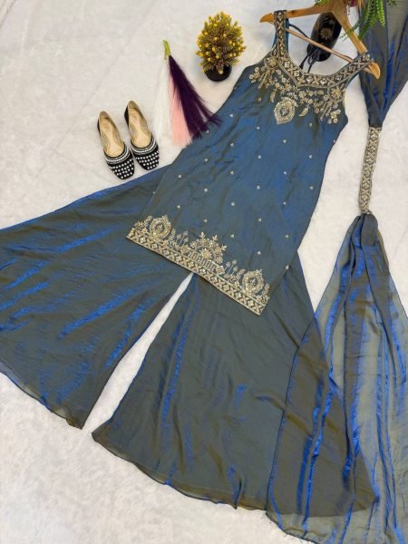 Luxurious Sky Blue Frendy Silk Sequence Embroidered   Zari Work Plazzo Set with Dupatta for Wedding Wear   