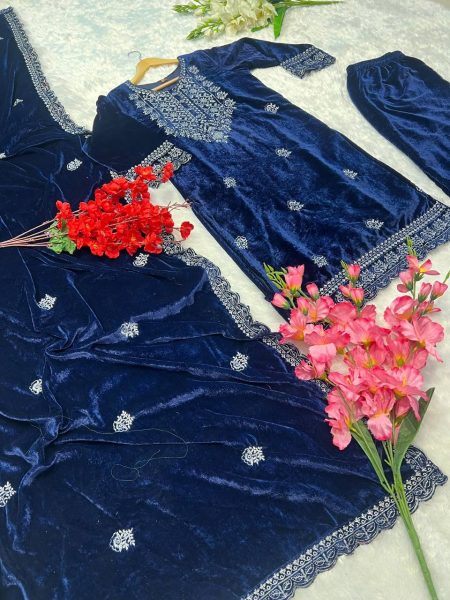 Luxurious Viscose Velvet Suit Set with Heavy Embroidery Work Ready To Wear Collection