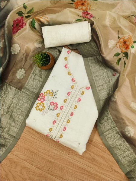 Luxurious White Color Roman Silk Dress Materials Collection With Digital Print Dupatta