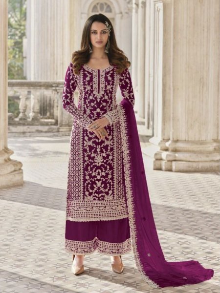 Luxurious Wine 3 Piece Pakistani Embroidered Suit Set with Dupatta for Reseller 
