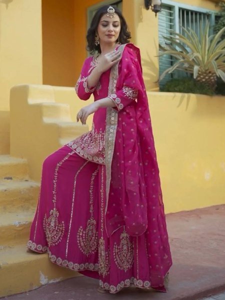 Luxury 3 Piece Ethnic Chinon Silk Kurti with Sharara Women For Elegant Festive   Partywear Outfit 