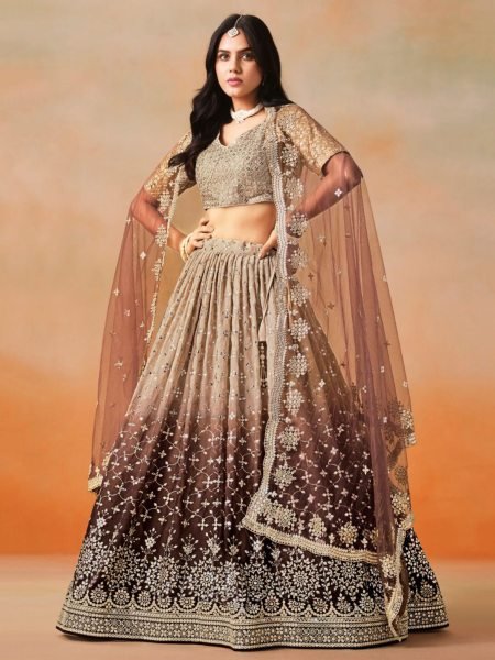 Luxury Brown Ombre Georgette Lehenga with Heavy Zari  & Sequin Work Wedding Ready Look 