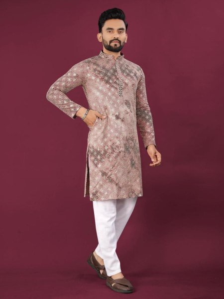 Luxury Chikankari Kurta Set for Men Soft Rayon in Pink Tone 