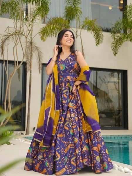 Luxury Digital Printed Tabby Silk Anarkali Gown Ready to Wear with Elegant Printed Dupatta Plus Size Kurti / Gown