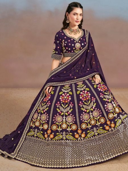 Floral Luxe Wine Georgette Bridal Lehenga with Multi Thread Embroidery  For Wedding  Lehenga