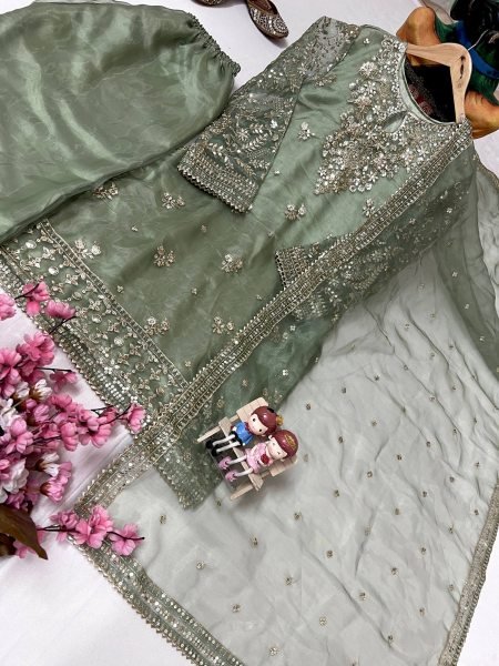 Luxury Embroidered Organza Silk Kurti Set with Palazzo & Fancy Dupatta Ready for Celebrations Ready To Wear Collection