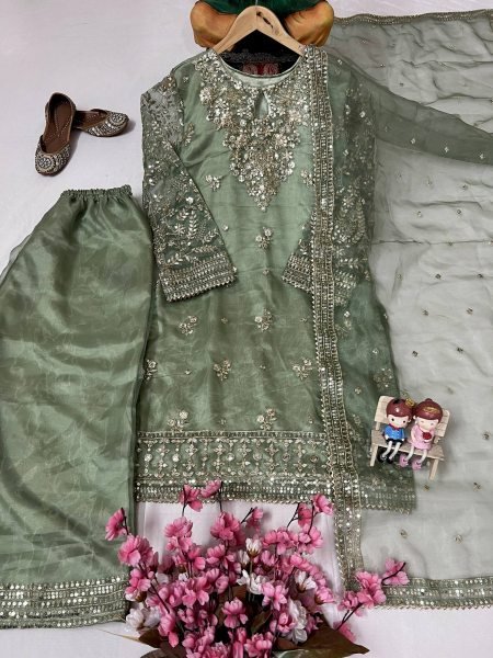Luxury Embroidered Organza Silk Kurti Set with Palazzo & Fancy Dupatta Ready for Celebrations Ready To Wear Collection