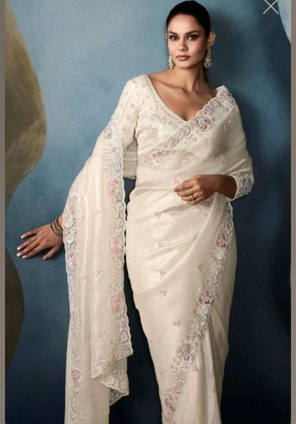 Luxury Gold Crushed Saree with Sequin Thread Work &  Mirror Blouse Party Perfect Bollywood Fancy Sarees Wholesale
