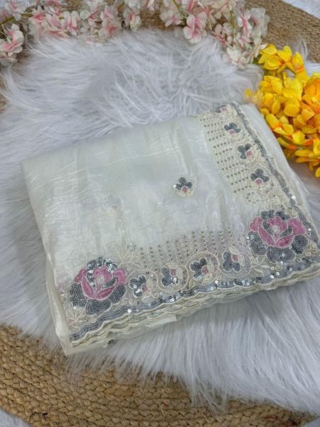 Luxury Gold Crushed Saree with Sequin Thread Work &  Mirror Blouse Party Perfect Bollywood Fancy Sarees Wholesale