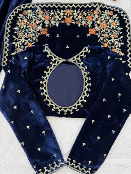 Luxury inspired Royal Blue Velvet Thread Sequence Work Top Plazzo Set with Fancy Lace Dupatta Perfect for Party Wear Ready To Wear Collection
