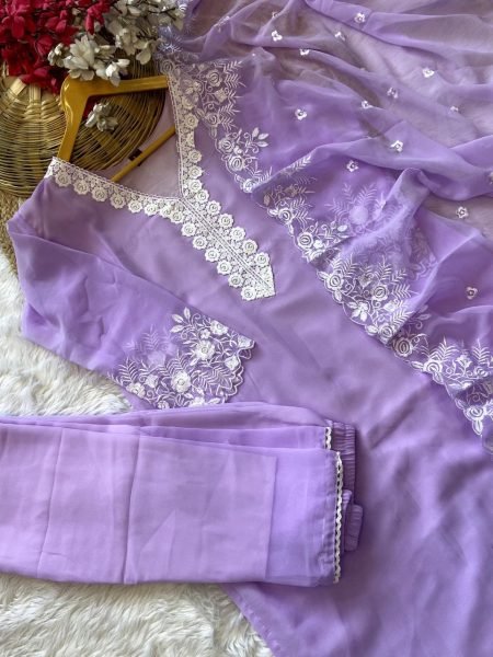 Luxury Lavender Embroidered Georgette Suit with Chanderi Bottom   Dupatta At Best Price  3 Piece Kurti Set