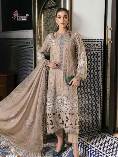 Luxury New Collection Embroidered Lawn light Brown Pakistani Suit 