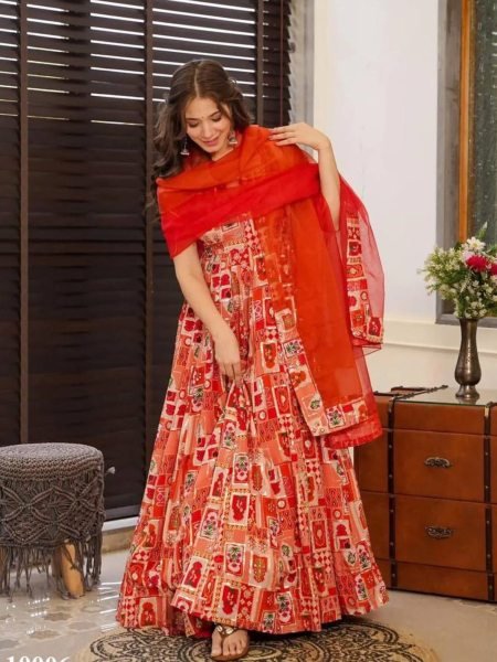 Luxury Organza Digital Gown Flared Style with Contrast Dupatta Elegance Plus Size Kurti / Gown
