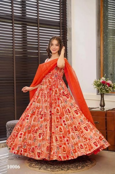 Luxury Organza Digital Gown Flared Style with Contrast Dupatta Elegance Anarkali Kurtis 