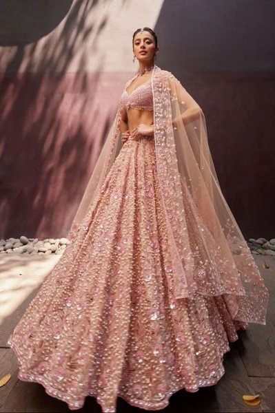 Premium Georgette Bridal Lehenga in Pastel Pink with Sequins Blouse for Bridesmaids Designer Lehenga Choli