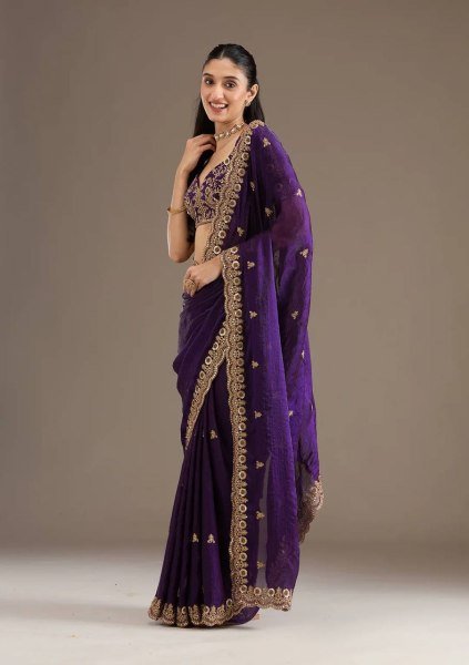 luxury purple satin saree set wedding and reception ready outfit Designer Wedding Sarees Wholesale