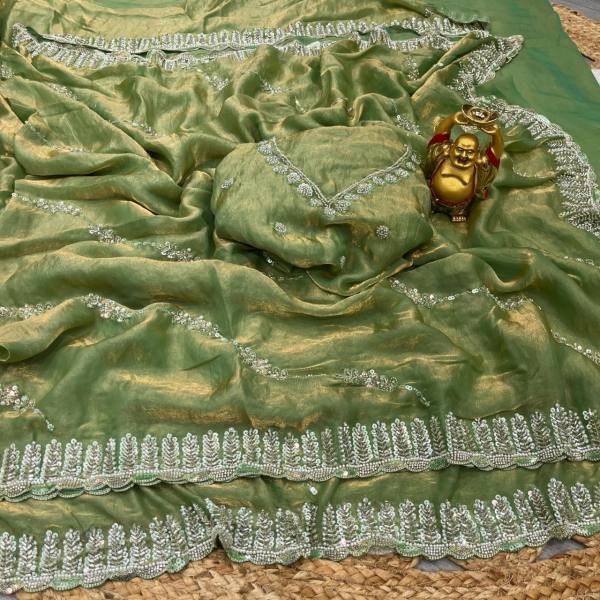 Luxury Space Silk Handwork Saree with Original Beads Work For Party Wear Silk Sarees Wholesale