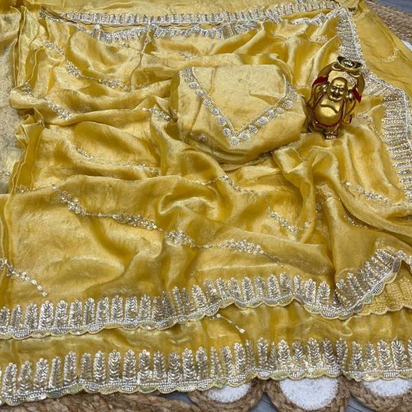 Luxury Space Silk Handwork Saree with Original Beads Work For Party Wear Silk Sarees Wholesale