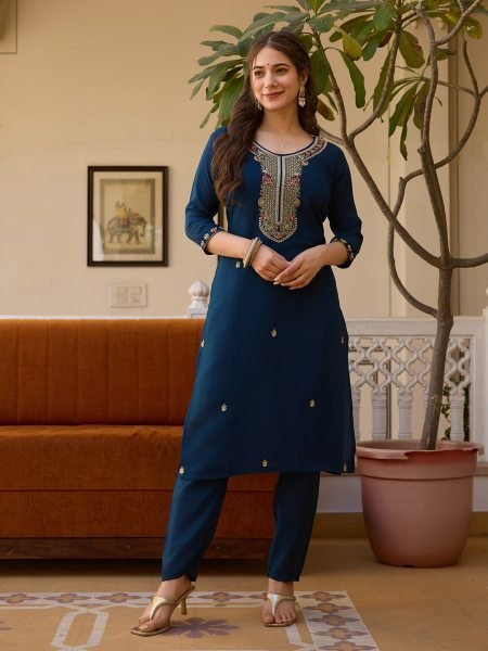 Luxury Viscose Chanderi  3Piece Kurti with Dyable Bottoms Embroidered Bead Work  3 Piece Kurti Set