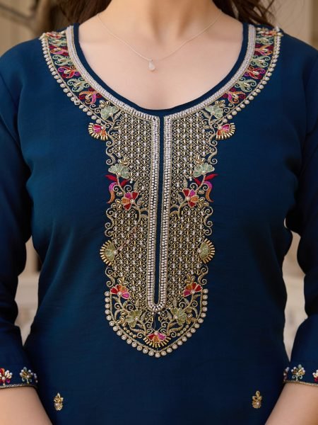 Luxury Viscose Chanderi  3Piece Kurti with Dyable Bottoms Embroidered Bead Work  3 Piece Kurti Set