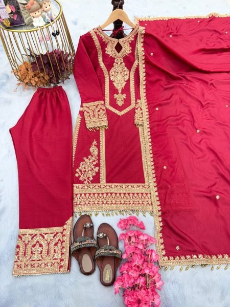 Luxury Wine Silk Suit For Girls Trendy And Stylish Suit  Ready To Wear Collection
