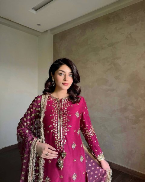 Perfect for Wedding Guests & Parties Designer Embroidered Chinon Suit Set in Magenta Ready To Wear Collection