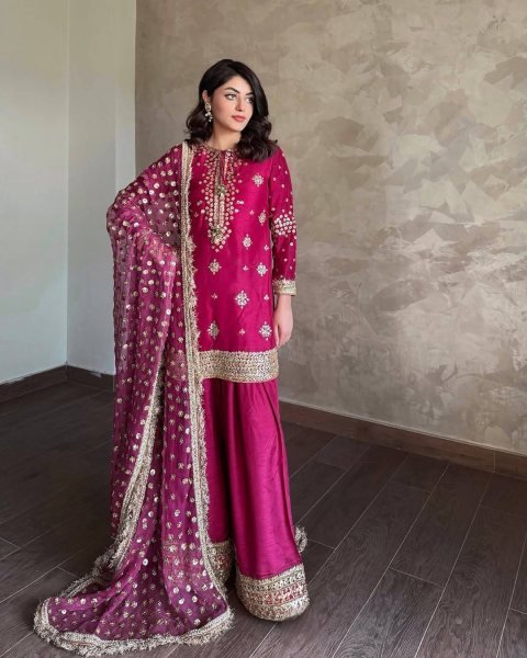 Perfect for Wedding Guests & Parties Designer Embroidered Chinon Suit Set in Magenta Ready To Wear Collection