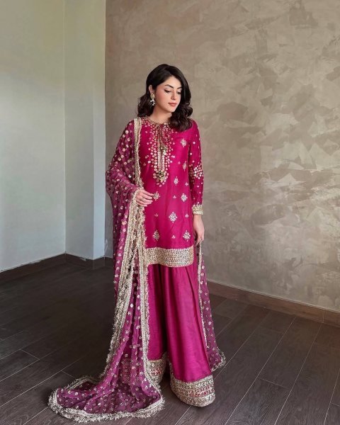 Perfect for Wedding Guests & Parties Designer Embroidered Chinon Suit Set in Magenta Ready To Wear Collection