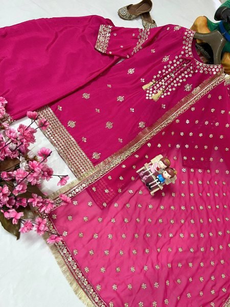 Perfect for Wedding Guests & Parties Designer Embroidered Chinon Suit Set in Magenta Ready To Wear Collection