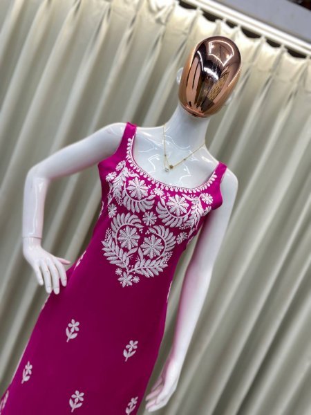 Magenta Pink Chikankari Kurti Set with White Palazzo Vibrant Look for Elegant Days Lucknowi Chikankari Kurtis Wholesale