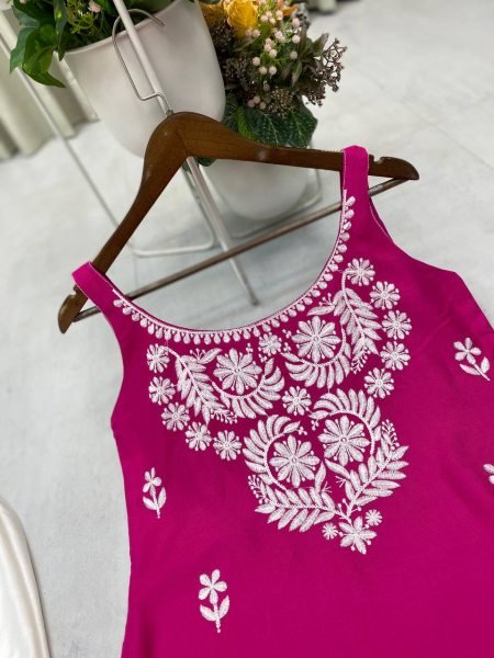 Magenta Pink Chikankari Kurti Set with White Palazzo Vibrant Look for Elegant Days Lucknowi Chikankari Kurtis Wholesale