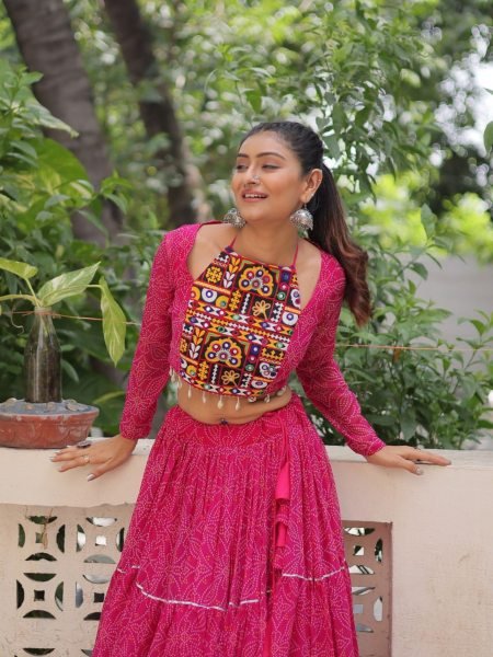 Magenta Pink Lehenga Bandhani Style with Embroidered Blouse Designer Navratri Wear 