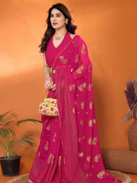 Magenta Soft Georgette Saree with Foil Work and Samosa Lace Border at Low Price Sarees 