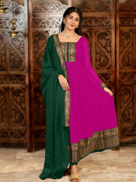 Magenta Vichitra Silk Suit with Golden Jacquard Lace for Festive Wear