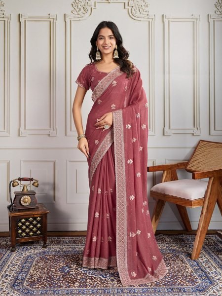 Magenta Wedding Wear Star Georgette Saree with Butta Work and Embroidered Blouse Partywear Ready Sarees 