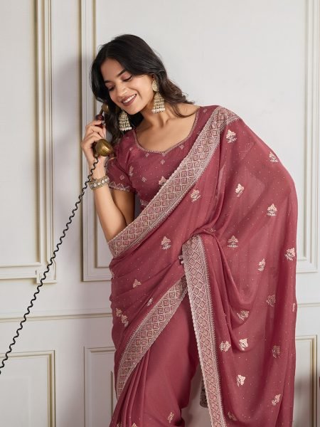 Magenta Wedding Wear Star Georgette Saree with Butta Work and Embroidered Blouse Partywear Ready Georgette Sarees Wholesale