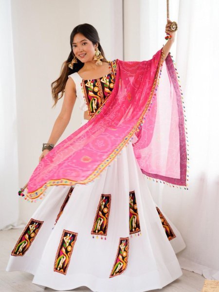 White Rayon Lehenga Choli with Gamthi Thread Work and Dupatta Festive Special Edition  Lehenga