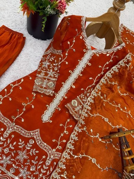 Magnificent Fendy Silk Three Piece Suit with Sequin Work and Flair Pant for exporters worldwide Ready To Wear Collection