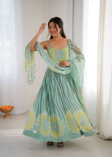 Magnificent Fox Georgette Leheriya Printed Gown with Organza Dupatta for Designer Wear Georgette Kurti 