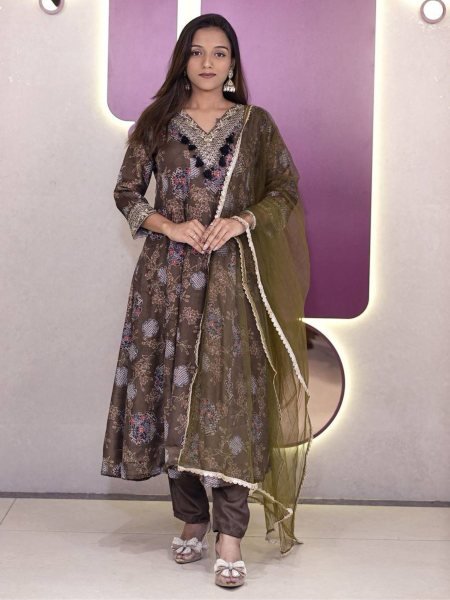 Magnificent Mehendi Green Satin Digital Print Anarkali Salwar Suit with Net Dupatta for Party Wear 